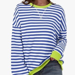 Vibrant Striped Blue and White Sweatshirt with Green Accents